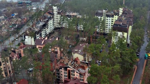 Aerial view of the destroyed and burnt houses. Houses were destroyed by rockets Russian soldiers