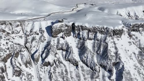 Aerial view of beautiful snowy mountains in Gudauri, Georgia