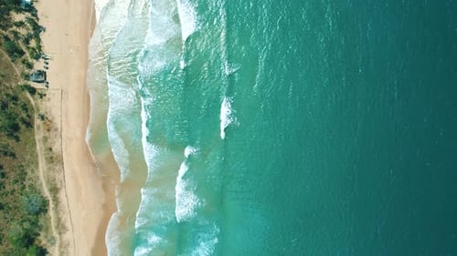Aerial View of Tropical Sandy Beach and Blue Ocean Top View of Ocean Waves Reaching Shore on Sunny