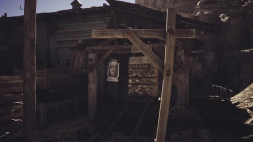 Desert Frontier Depot Weathered Wooden Sign and Dusty Landscape Scene