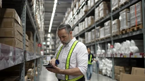 Logistics employees are working warehouse.