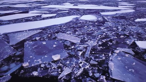 Captivating drone video of the grandeur of ice blocks in the water.