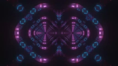 Túnel dinámico de vibrantes luces rojas y moradas con patrones abstractos