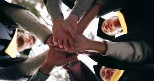 Support, hands together and graduation in connection or huddle for university education or study