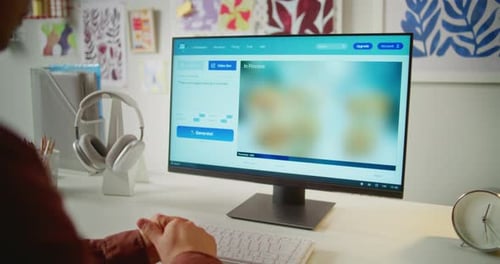 Close Up of Man Typing Text Prompt in AI Video Generator on Computer