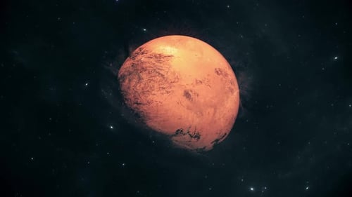 Rotating Red Planet in Starry Space Background