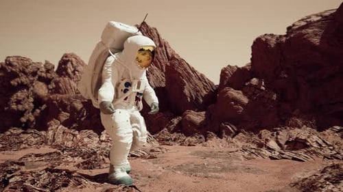 Astronaut Walking On Mars Surface Through Rocky Terrain And Martian Sand 1