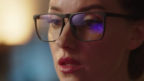 Close Up Photo of Speechless Woman with Glasses Reflection Market Graphics Changes Bad News Falling