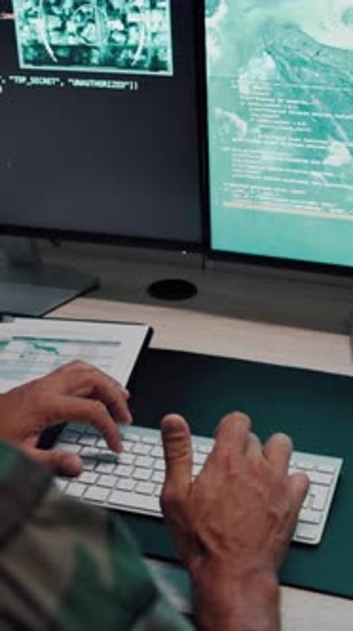 Coding, soldier or hands with computer screen in control room, military mission