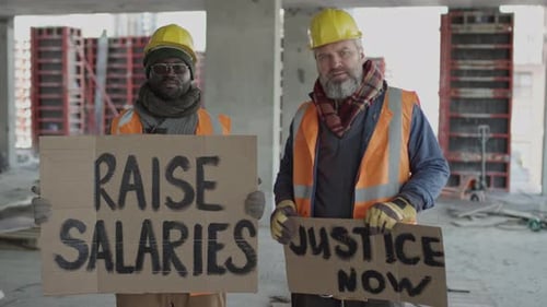 Construction Workers Hold "Raise Salaries" Signs