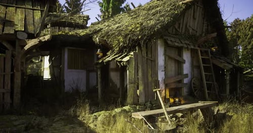 Old Rustic Cabin with Thatched Roof in a Forested Area During Twilight Hours