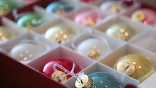 Colorful Christmas Ornaments Stored in Box