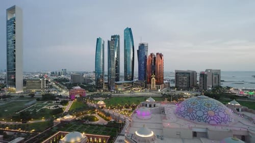 Aerial view of Etihad Towers and Emirates Palace, UAE.