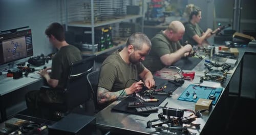 Engineers Collaborating on FPV Drone Production in Modern Workshop
