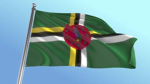 Realistic 3D Flag of Dominica Waving Against a Clear Blue Sky
