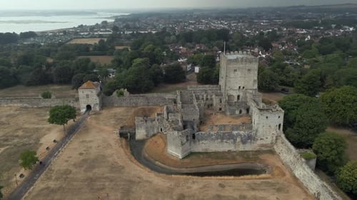 An aerial view of the Portchester Castle, a medieval castle ruin in the county of Hampshire, England