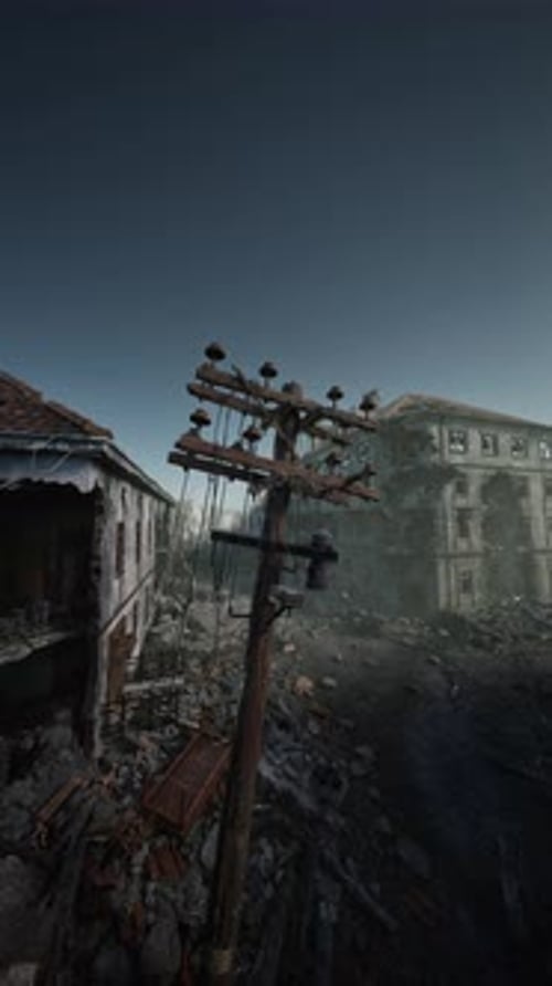 Destroyed Building With Telephone Pole