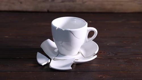 Broken cup and saucer falling apart into pieces on wooden table. Camera moving forward