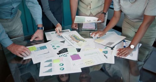 Paper, data analysis or hands of business people in group for graphs, budget review or economics