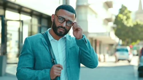 Business man, thinking and city with professional with ideas and glasses outdoor