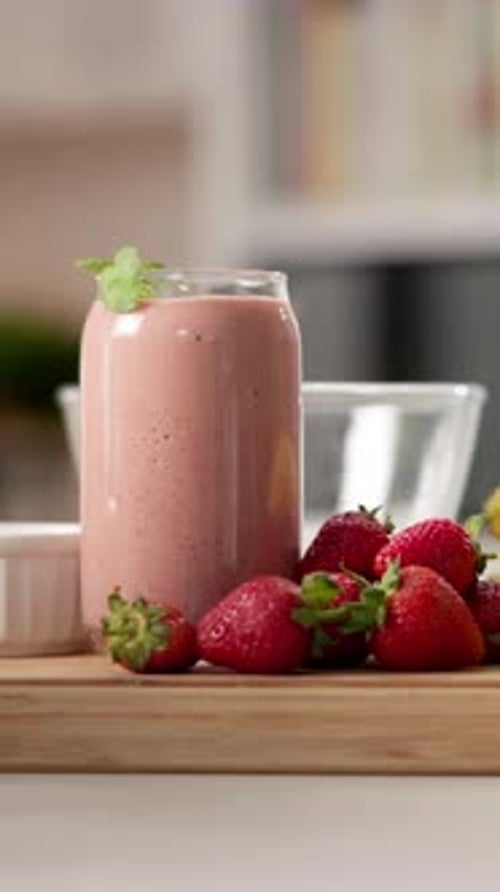 Smoothie, drink and fruit in kitchen at house of healthy liquid, nutrition protein