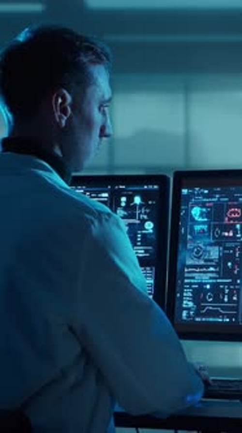 Doctor Working at Futuristic Office Multiple Monitors Displaying Medical Images Data and Body Scans