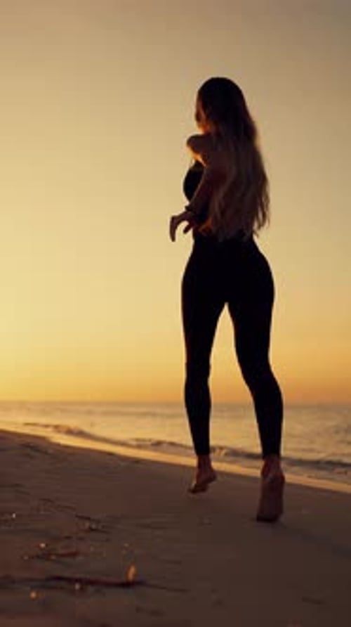 Morning Jog in Beautiful Beach on Seashore Back View of Running Lady Vertical Video Beautiful