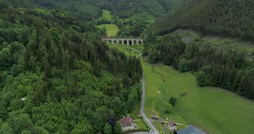 Aerial Drone Shot of a Street and a Viaduct between Mountains, 4k UHD, Semmering, Austria
