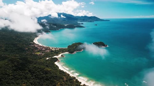 Beach in Brazil Aerial View of the Coastline with Perfect Sandy Beaches Blue Sea and Clouds Flying