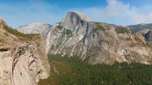 Grey rocks towering over pine tree woods. Yosemite National Park in California on sunny daytime.