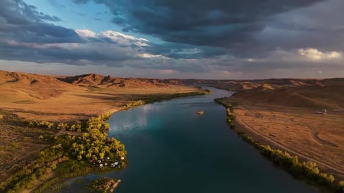Drone Shot of River Ili and Spring Steppe in Kazakhstan