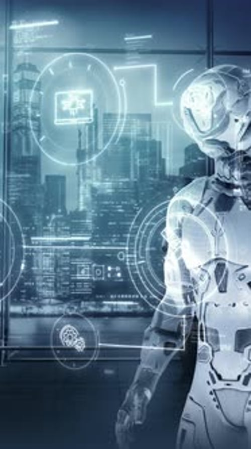 Futuristic Robot Interacting with Holographic Interface in Cityscape