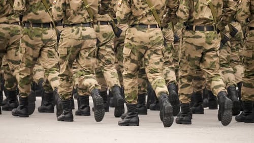 Soldier Boot Close Up Russian Army Platoon Military Forces Camouflage Uniform