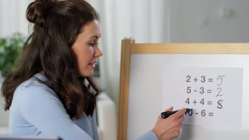 Woman solves math problems on whiteboard at home