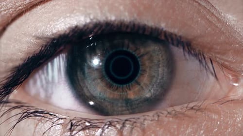 Frauenauge mit futuristischer digitaler Schnittstellenaktivierung