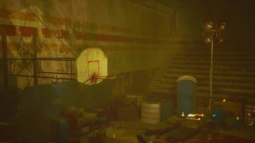 An Abandoned Basketball Court Showcasing a Worn Out Ball Amidst Decay