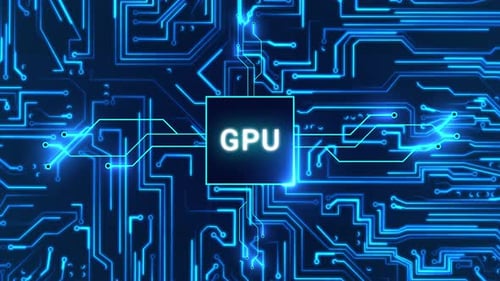 Circuit board with moving electrons and graphics processing unit GPU. Data flow on a motherboard.