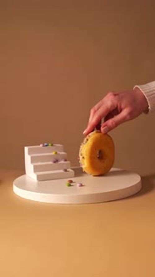 Hand Rotating Sprinkle Donut on Minimal Pedestal Studio Set