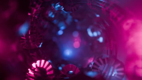 Kamerabewegung in einem futuristischen Tunnel mit geringer Schärfentiefe und Unschärfe. Neonlicht blau und pink