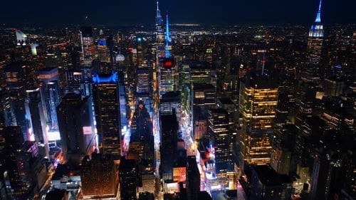 Perspective of New yorl scyscrapers street. Night New York city aerial view.