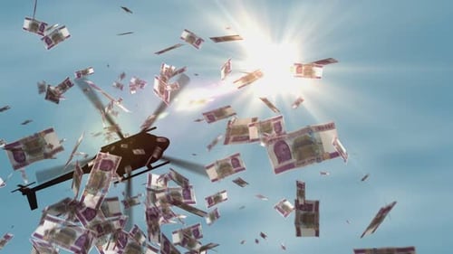 Billetes en francos CFA centroafricanos caen dinero desde helicópteros