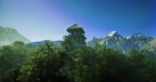 Majestätische japanische Pagode inmitten von üppigem Grün und hoch aufragenden Bergen