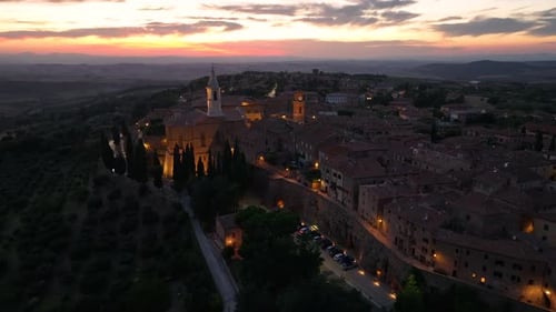 Pienza Tuscany Aerial View of the Medieval Town at Night Evening Siena Italy