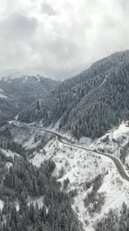Snowy Valley Between Road