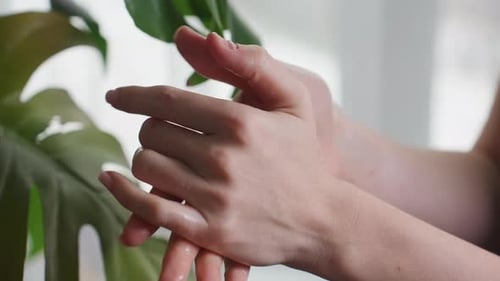 Light Skin Woman Gently Rubbing Oily Hands Near Green Leaf