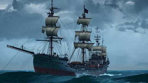 The war sailing ship runs on the sea waves