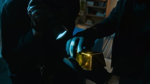 Two Male Burglars Examining Bar of Gold during Apartment Heist
