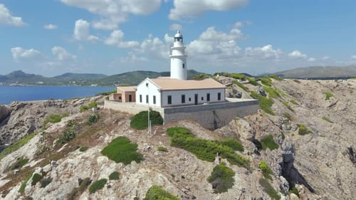 Capdepera Lighthouse on a Cliff in Majorca Spain, Aerial