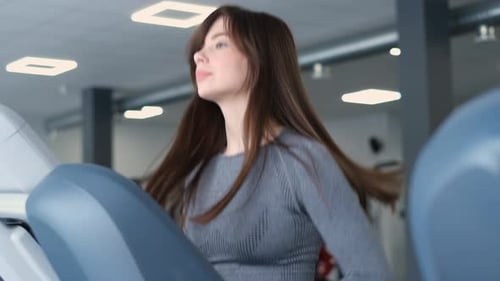 Slow Motion Woman Doing Cardio on Treadmill in Gym Active Lifestyle Sport Concept