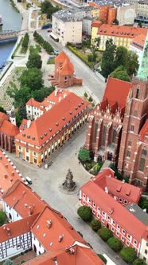 Aerial drone view of Wroclaw city on the Oder River in western Poland. Vertical vertical
